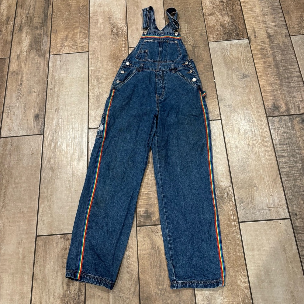 Revolt Vintage 90s Y2K Overalls Blue Denim Rainbow Stripe Carpenter Size Small